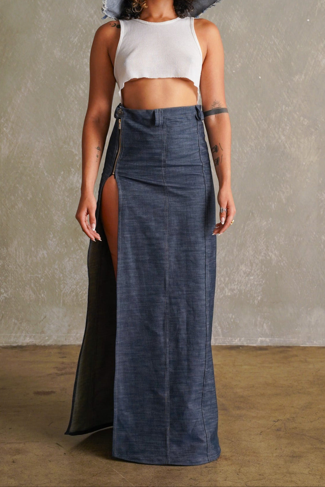 Ultra High Waist Flare Maxi Denim Skirt with Slit