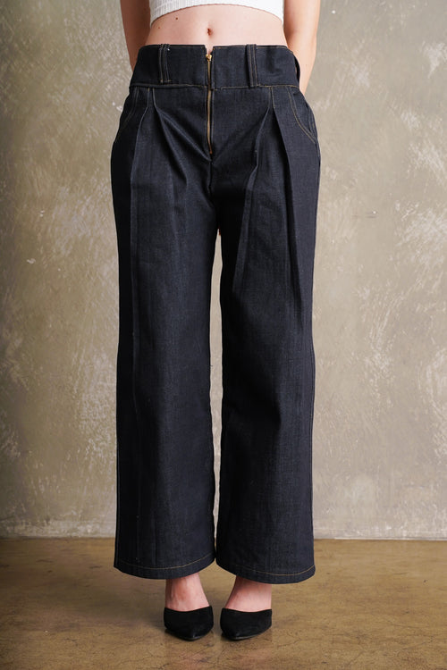 High Waist Pleated Denim Pants