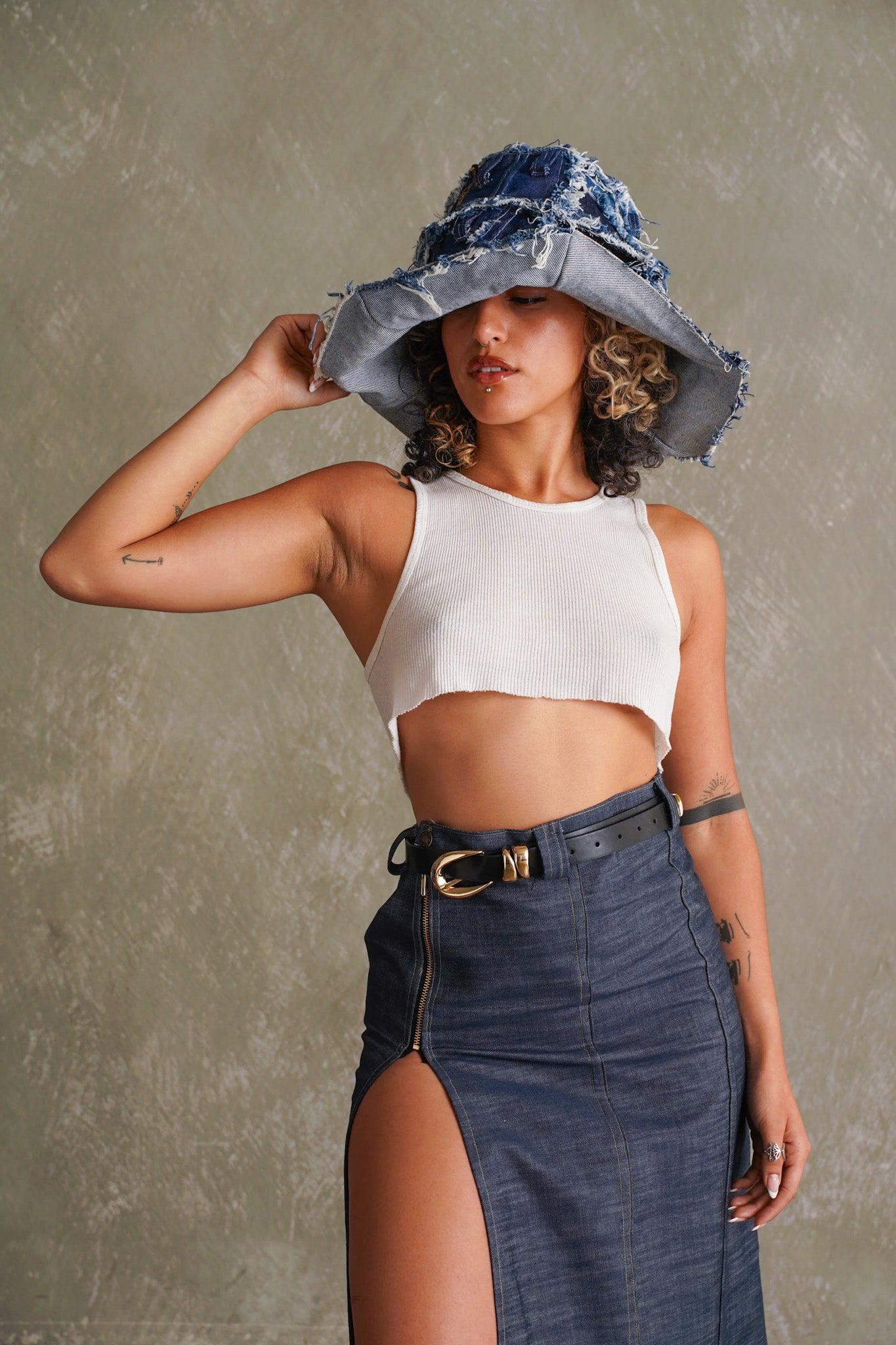Oversized Denim Hat with Zipper