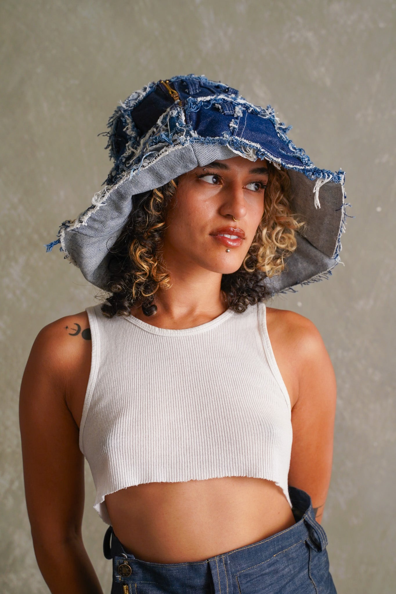 Oversized Denim Hat with Zipper