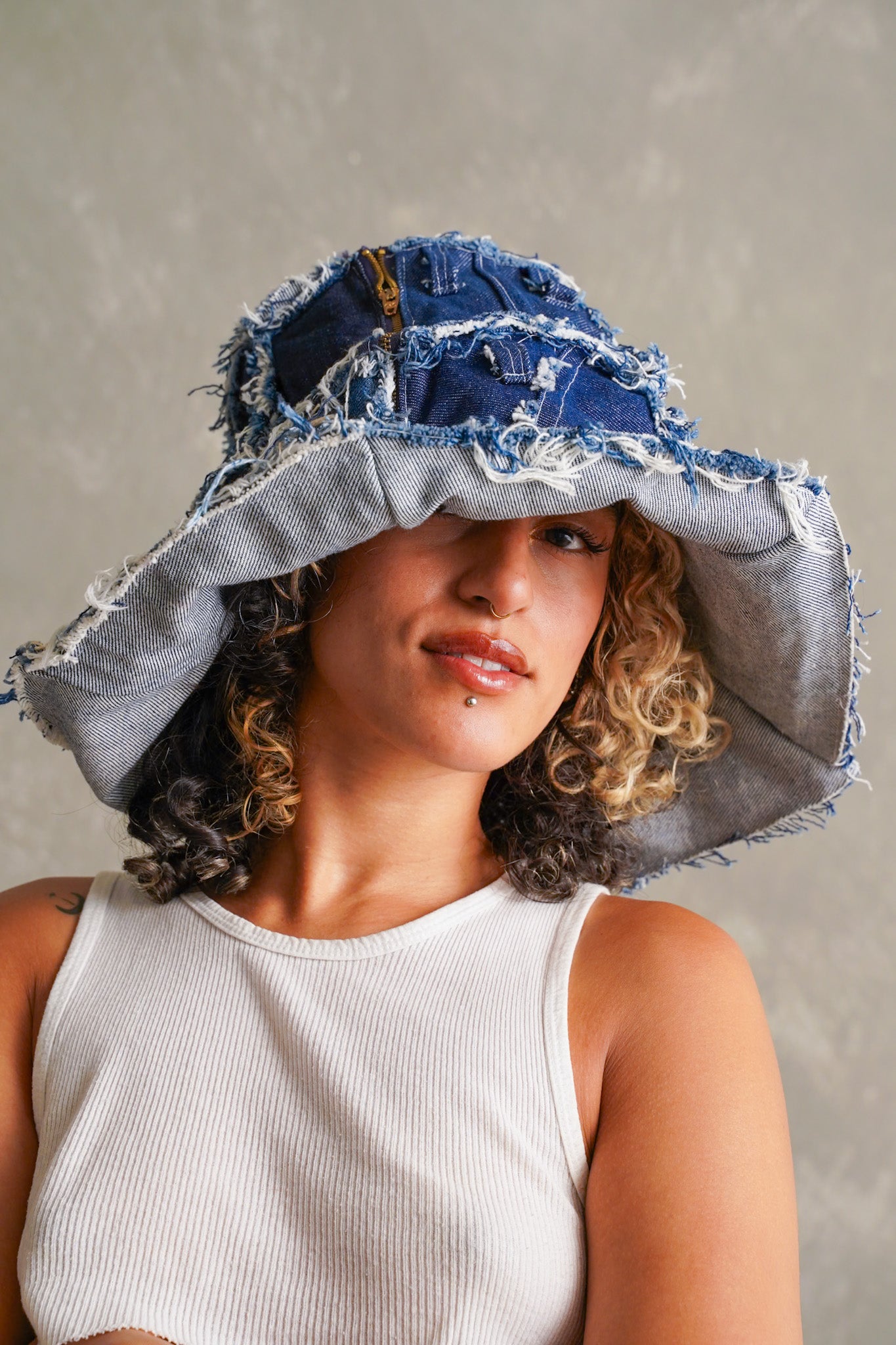 Oversized Denim Hat with Zipper