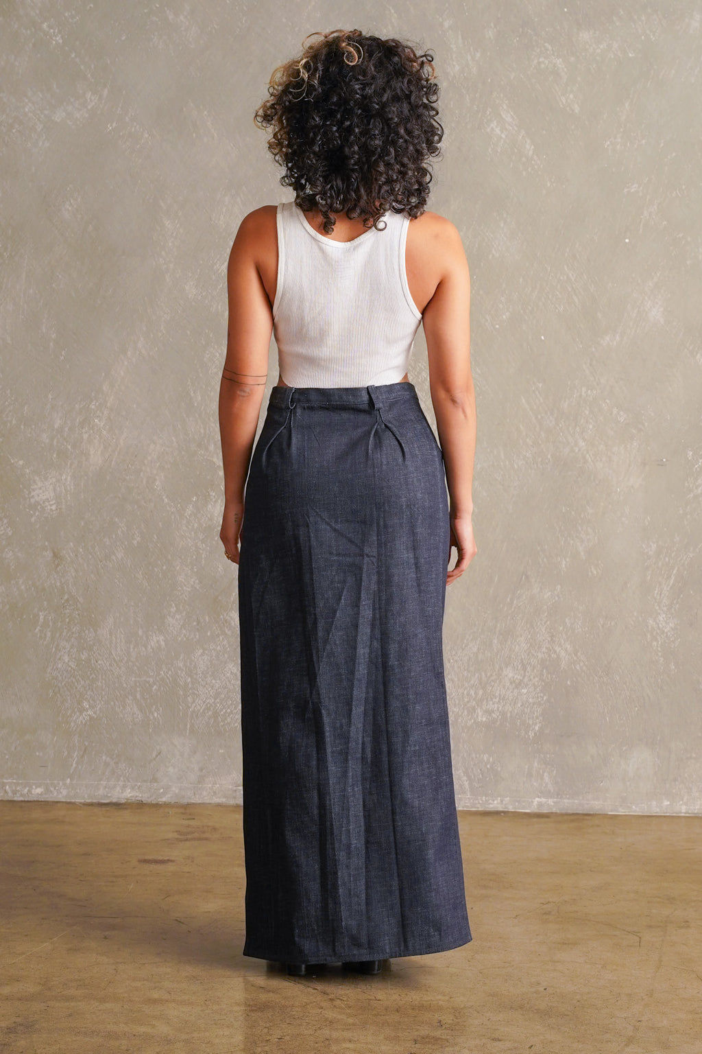 High Waist Pleated Maxi Denim Skirt with Slit