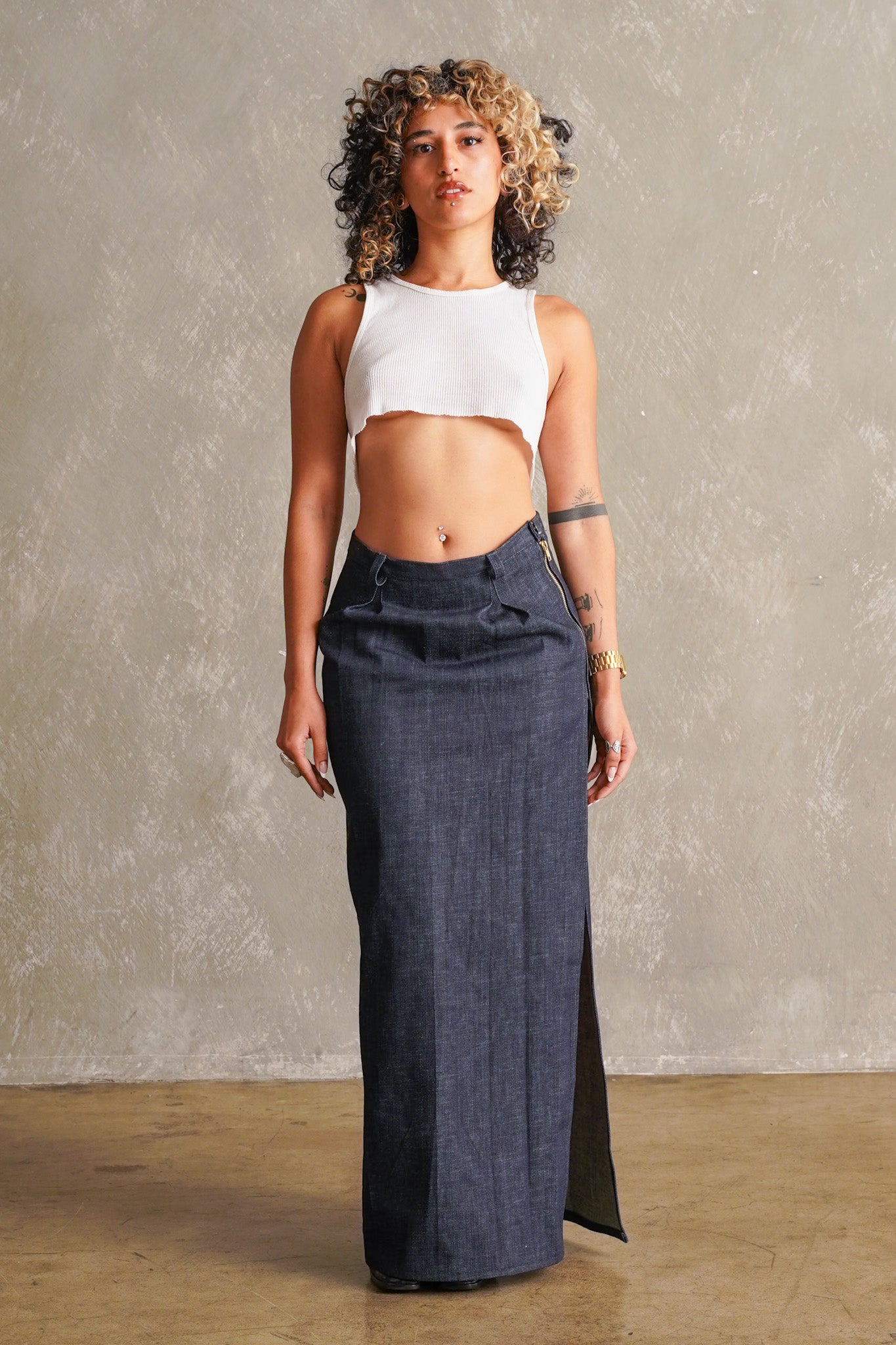 High Waist Pleated Maxi Denim Skirt with Slit